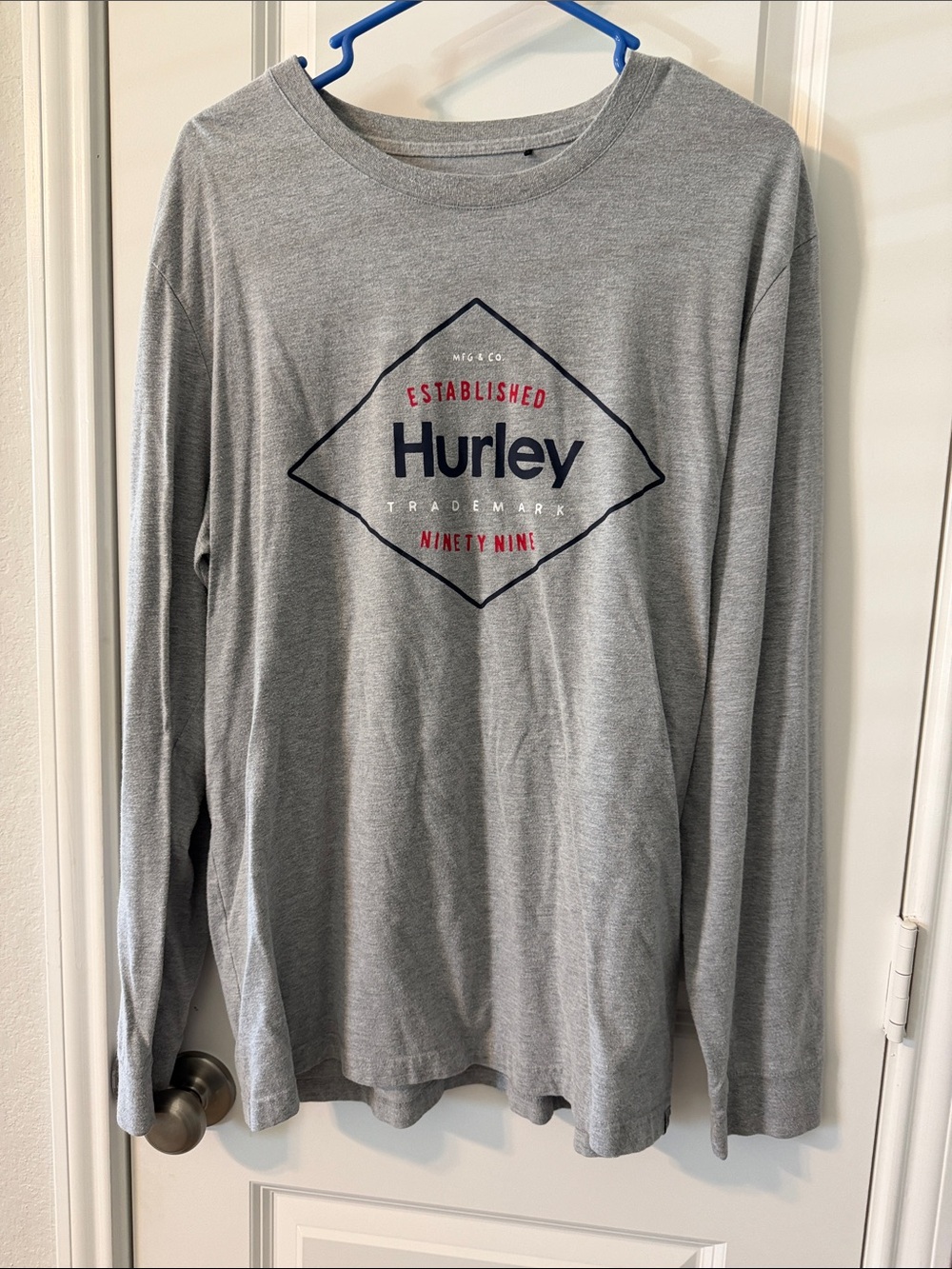 Hurley Gray Long Sleeve Logo Tee with Navy and Red Accent